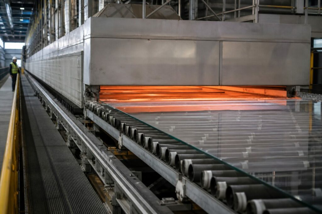 Sortie du tunnel de recuisson d’une feuille de verre float extra-clair
