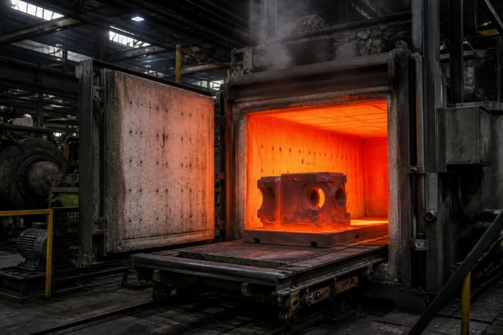Een gesmede behuizing verlaat de warmtebehandelingsoven op de ovenwagen