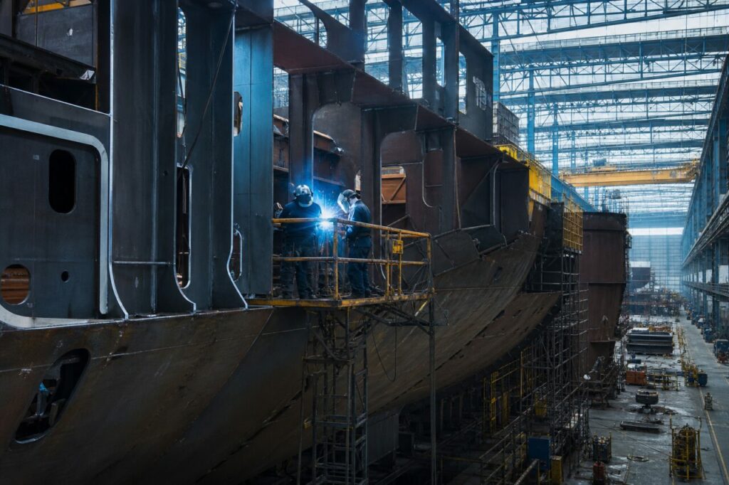 Soudage d’une coque en chantier naval