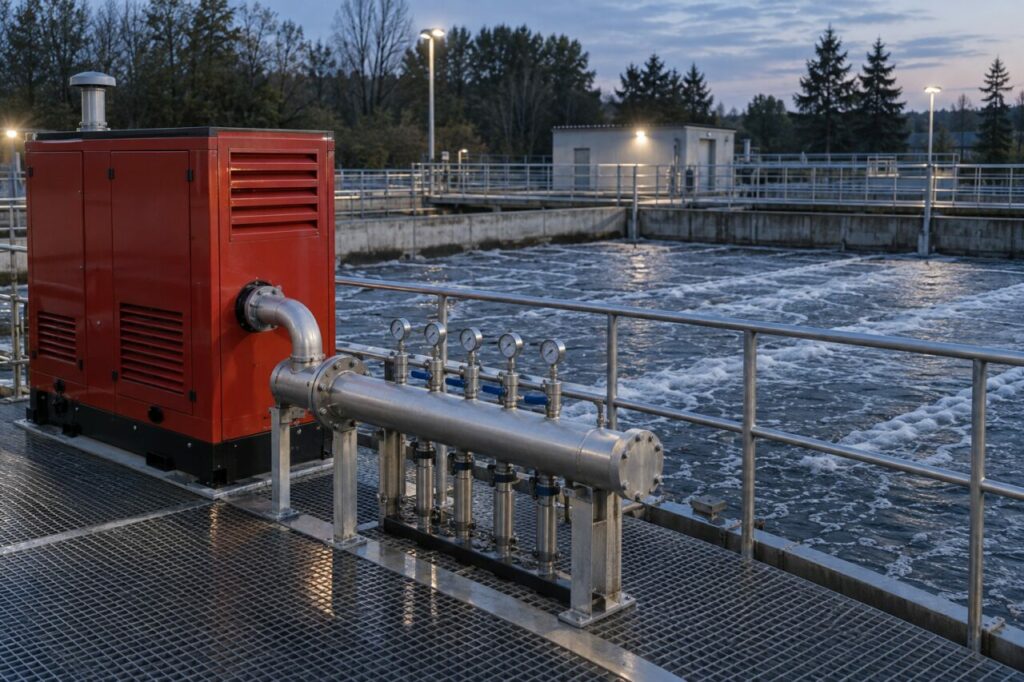 Soufflerie rouge alimentant le collecteur d’un bassin biologique — aération par soufflerie et collecteur