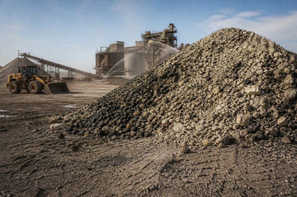Wiellader naast de bastnäsietstapel