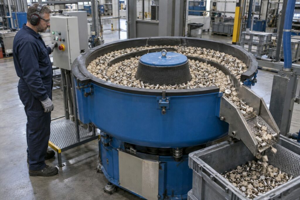 Beside the circular bowl, monitoring vibratory finishing of machined steel fittings