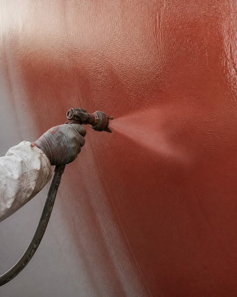 Aus der Spritzdüse gelangt die Schutzschicht auf den Schiffbaustahl