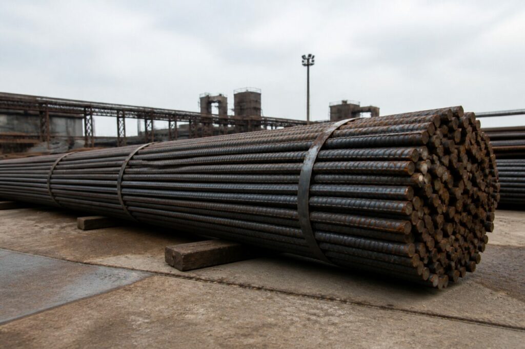 Houten dwarsliggers dragen een langgerekte bundel betonstaal