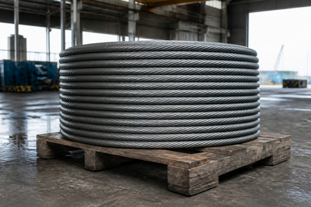 Een rol geslagen staalkabel rust op een pallet