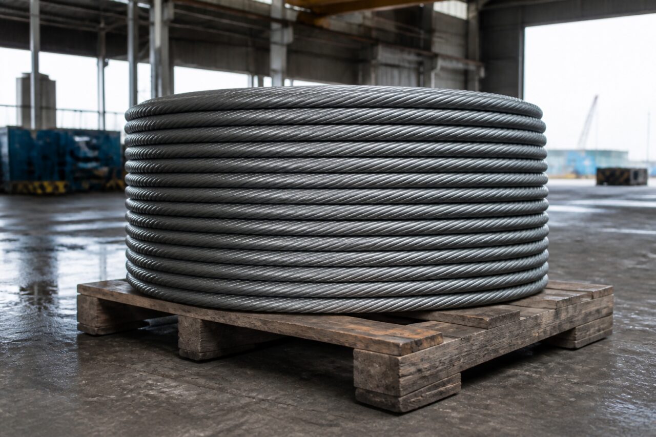 Een rol geslagen staalkabel rust op een pallet