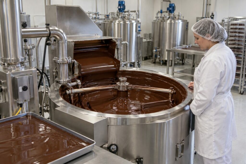 Surveillance du tempérage industriel du chocolat entre rideau coulant et brassage radial