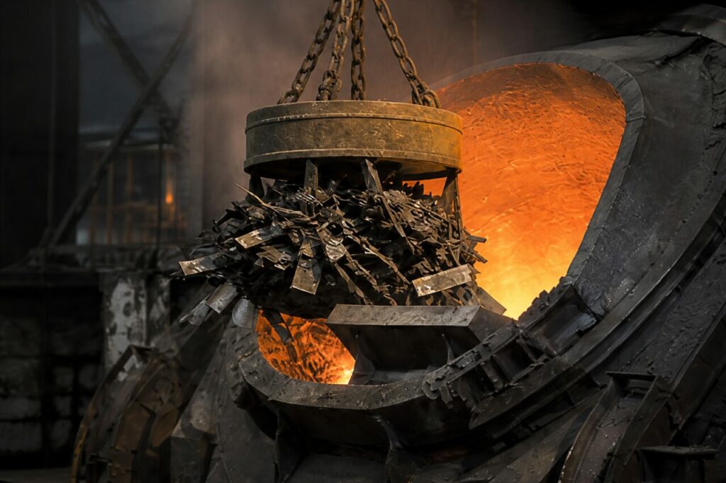 Schwebender Schrott ist vor der geneigten Ofenöffnung zum Absenken bereit