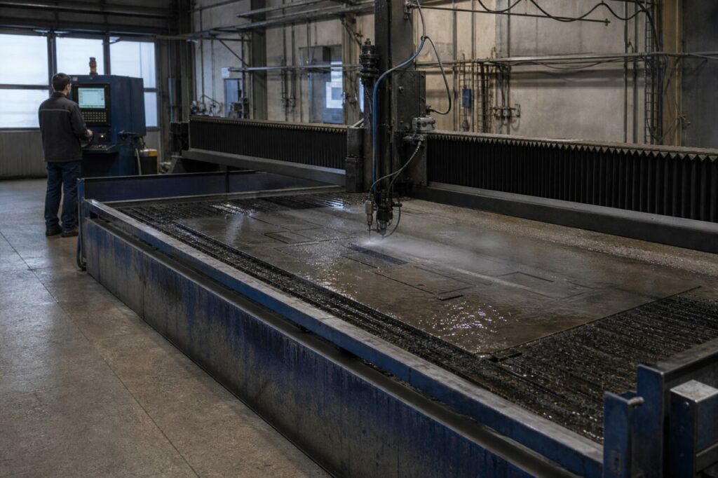 Table à jet d’eau haute pression pour tôle blindée — avec récupération d’eau sous la machine