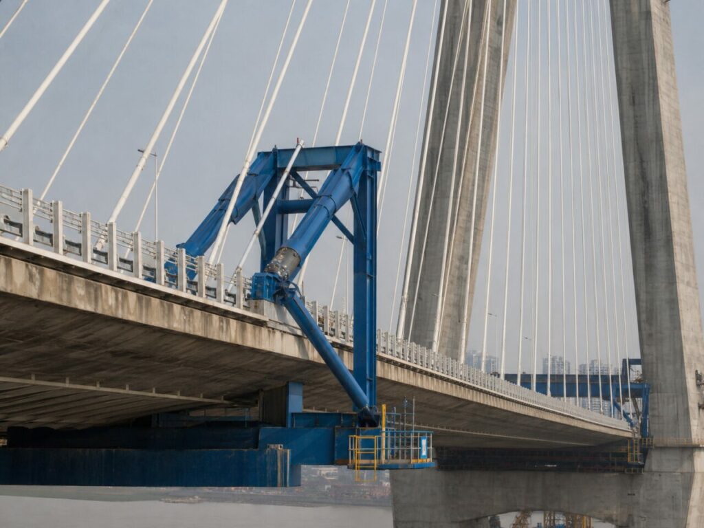 pyloon, kabels en dek boven de Yangtze — Brugdek in aanbouw