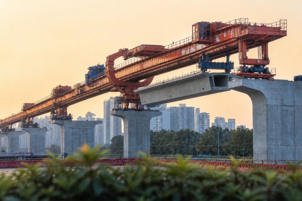 lançador metálico e pilares de betão do viaduto — Tabuleiro pré-fabricado