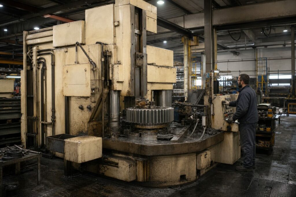 Tandwielsteekmachine bewerkt een industrieel rondsel, met operator en werkplaatscontext