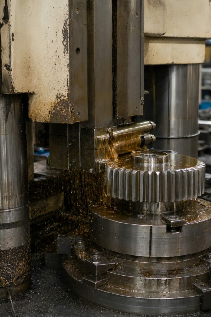 Tandwielsteekmachine bewerkt een industrieel rondsel, detail van gereedschap en werkstuk