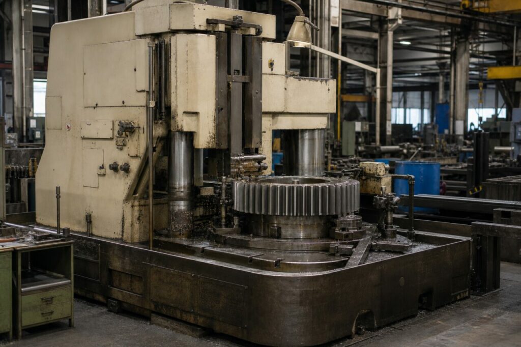 Tandwielsteekmachine bewerkt een industrieel rondsel, overzicht in de verspaningshal
