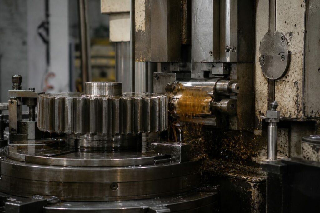 Tandwielsteekmachine bewerkt een industrieel rondsel, close-up van het werkgebied