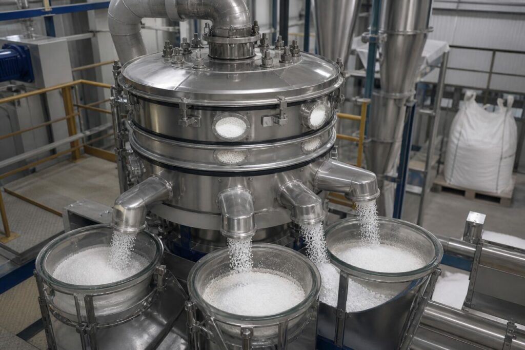 Vibratory screening and particle-size classification of acrylic SAP polymer on a powder-processing platform