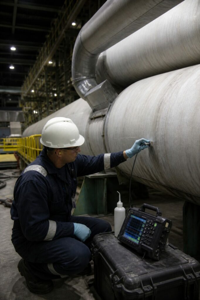 Technicien accroupi devant les conduites isolées — Maintenance nucléaire, mesure ultrasonore de tuyauterie