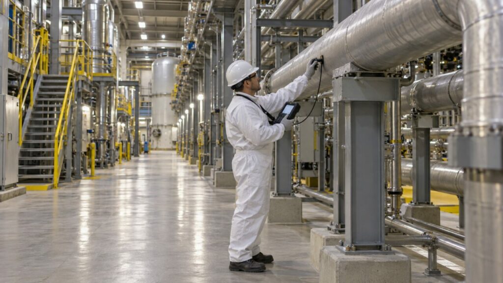 Technicien contrôlant une conduite sur plateforme de maintenance nucléaire