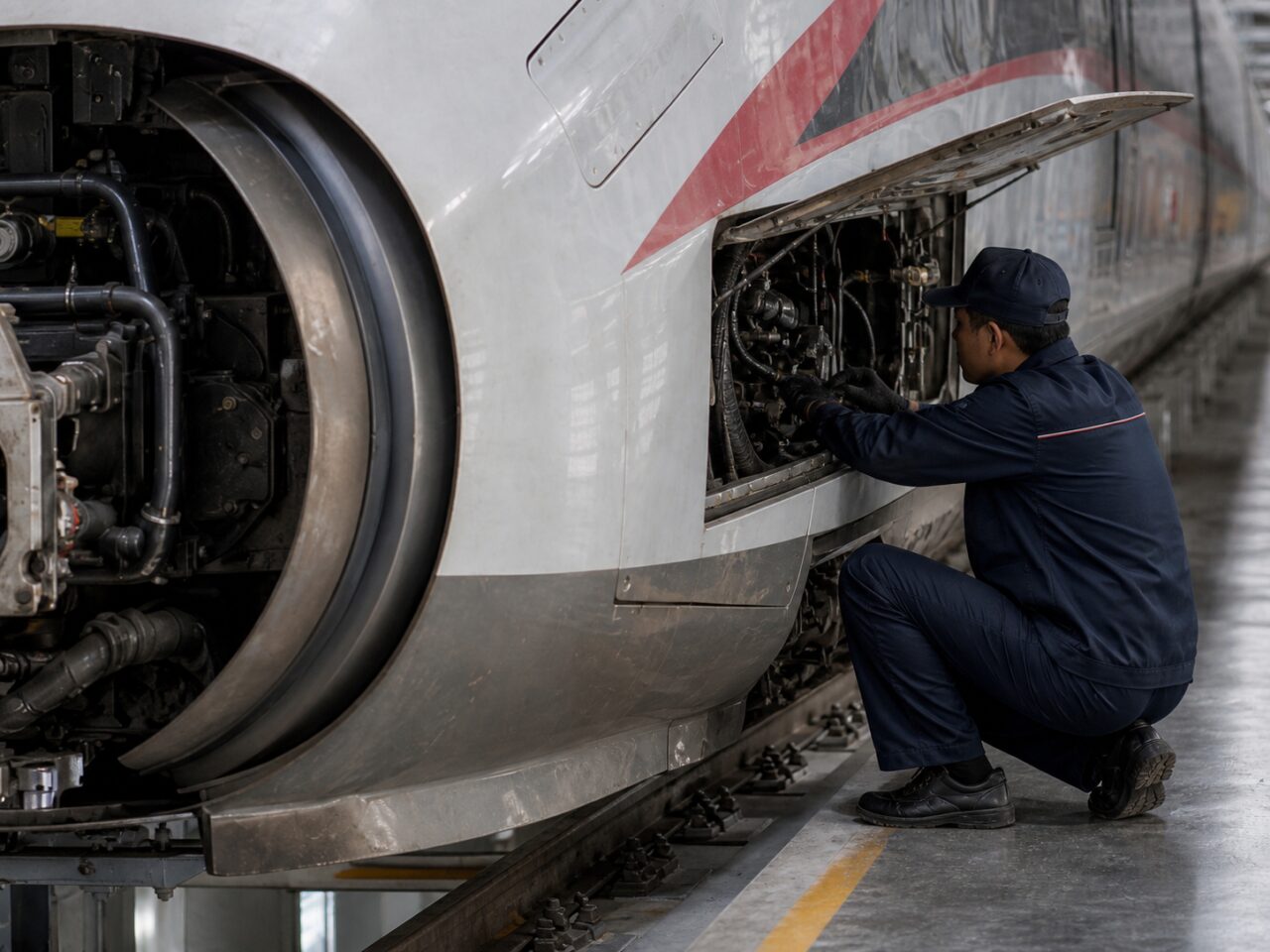 Train à grande vitesse dans un dépôt de maintenance — Technicien devant le panneau ouvert