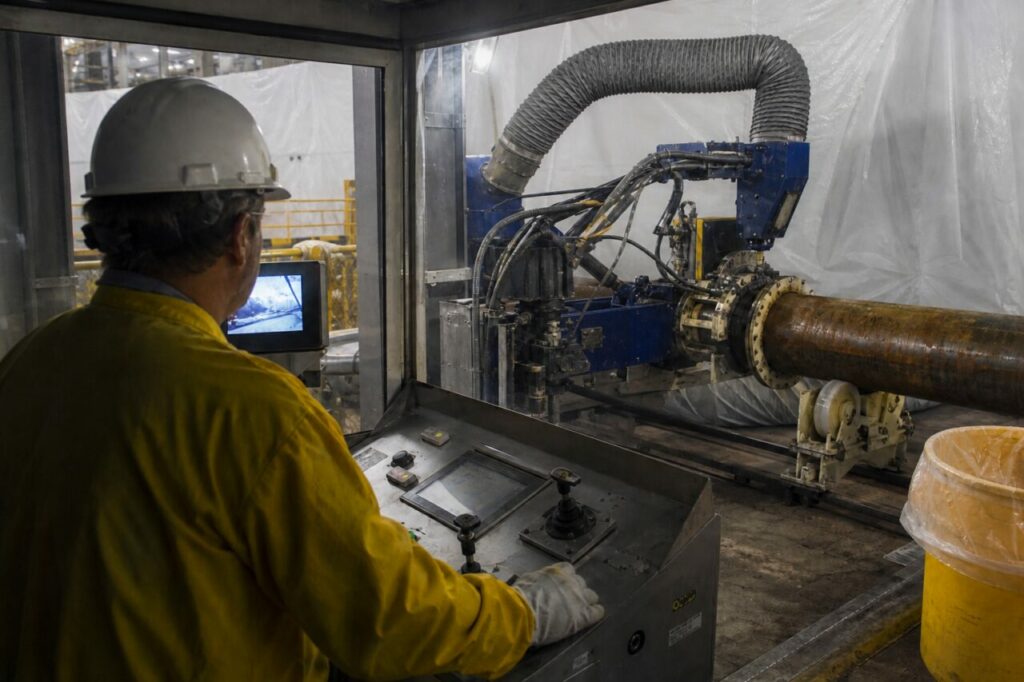 Technicien supervisant un robot de découpe de conduite en zone confinée