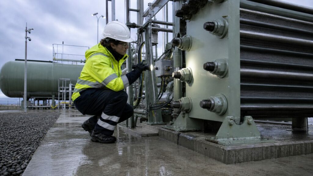 Technicienne au module — contrôle de la plaque de connexion