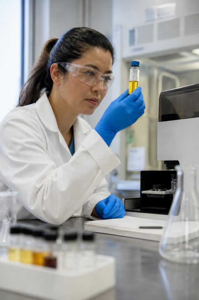 Technicienne tenant une fiole devant un analyseur de laboratoire