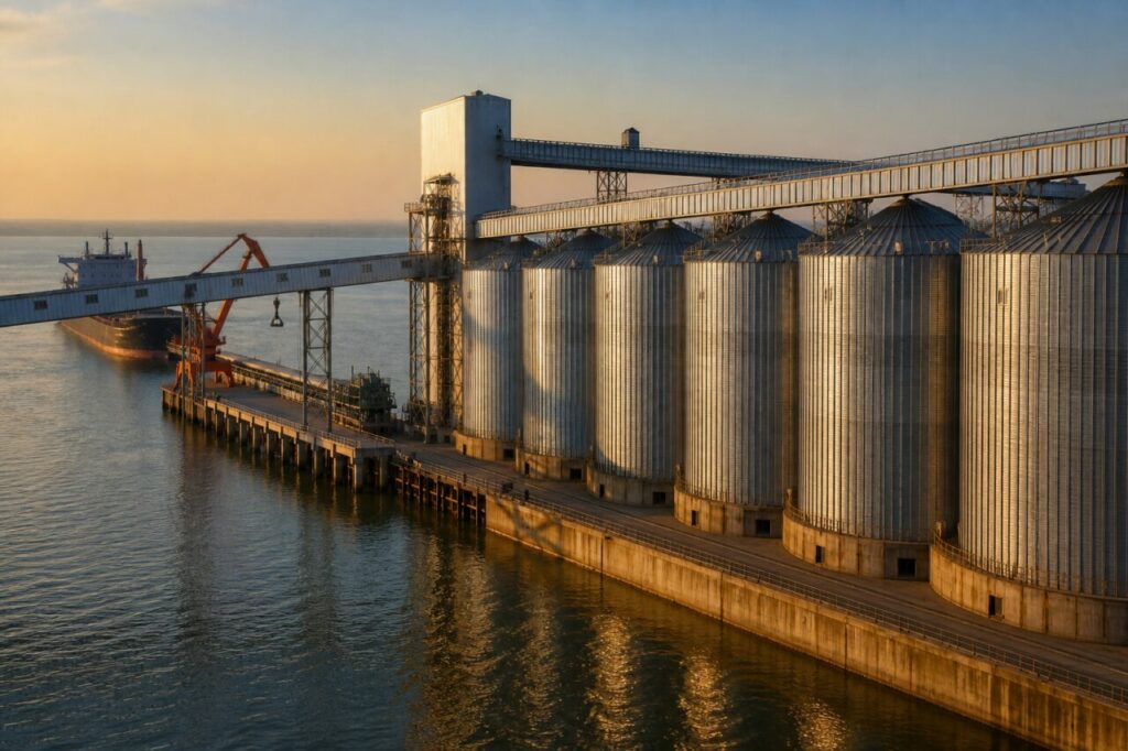 Getreideschiff am Terminal — Förderband zwischen Kai und Silos