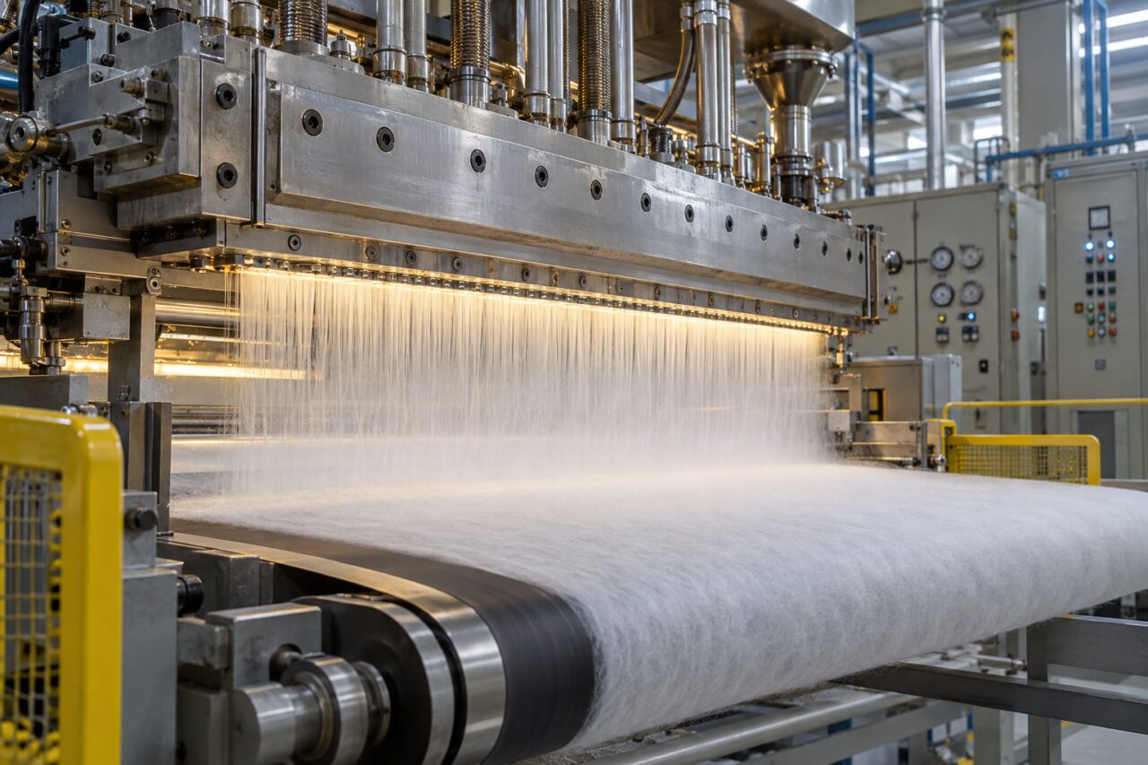 Tête meltblown formant un voile de fibres polymères sur convoyeur
