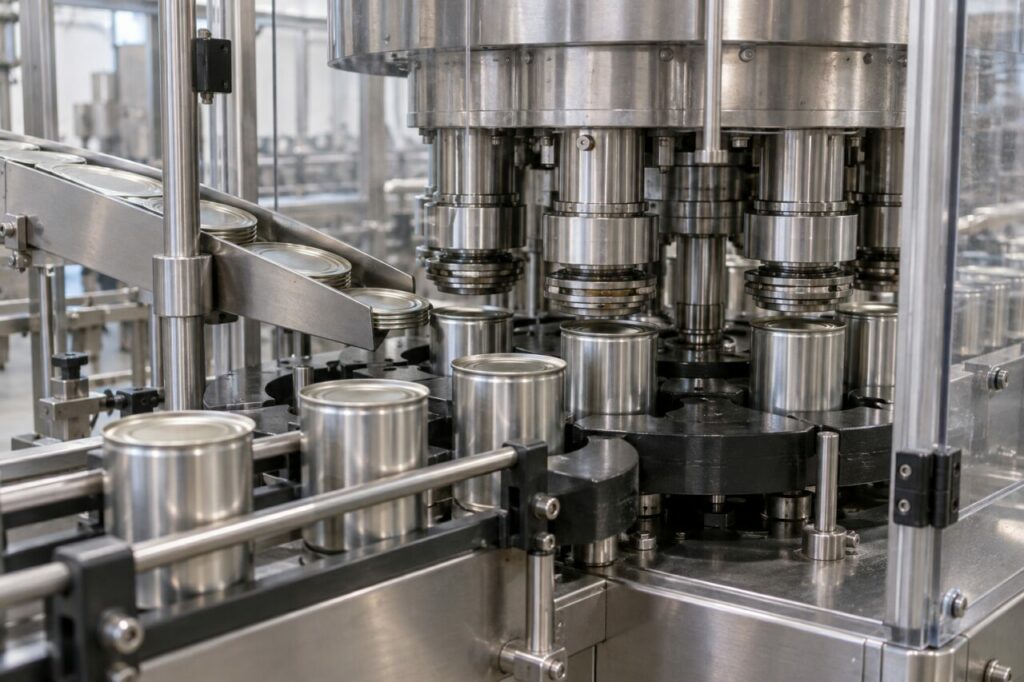Sous les têtes de sertissage, des boîtes métalliques tournent sur la roue d’indexage