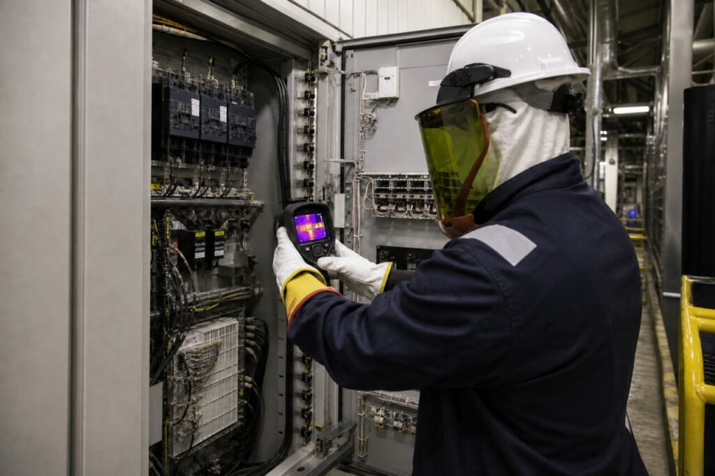 Thermographie préventive des armoires électriques de centrale — Technicien en visière jaune et caméra thermique