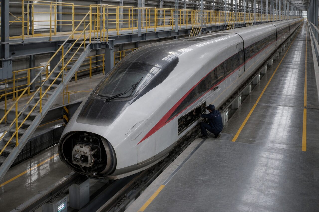 Train à grande vitesse dans un dépôt de maintenance — Toit du train sous les plateformes