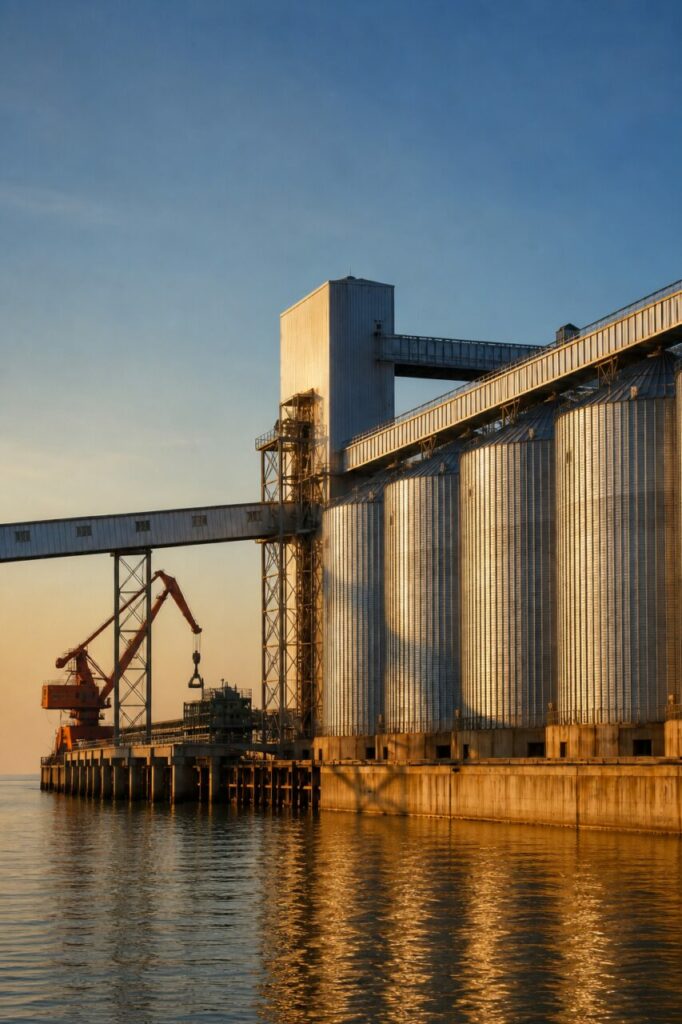 Getreideübergabeturm am Kai — Kran und Silos über der Anlage