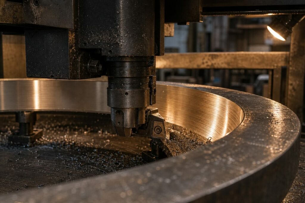 Snijkant op gesmeed staal — gereedschap en ring op de CNC-draaibank