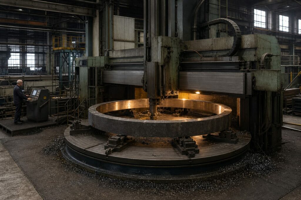 Gesmede stalen ring op een verticale CNC-draaibank — bewerking in de hal