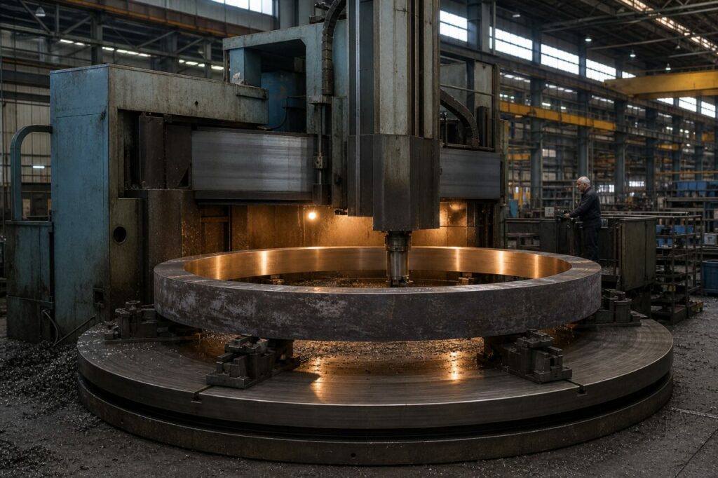 CNC-gereedschap op een gesmede stalen ring — werkgebied van de verticale draaibank