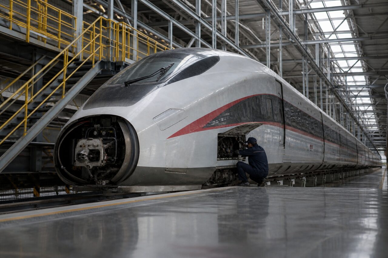High-speed train in a maintenance depot — White train beneath the walkways