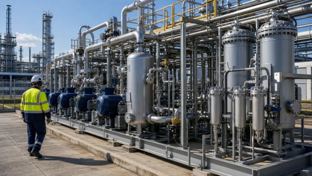 Verdichtung von abgeschiedenem CO₂ — mehrstufige Skidanlage mit Verdichtern und Trocknern