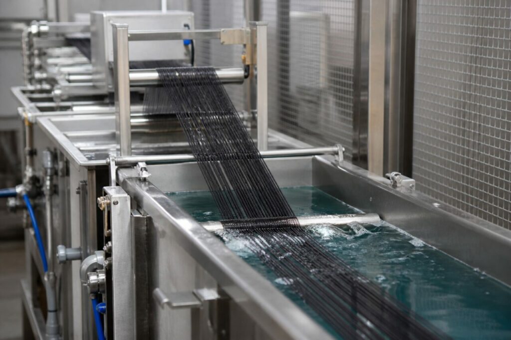 Traitement de surface et ensimage d’un faisceau de fibres de carbone