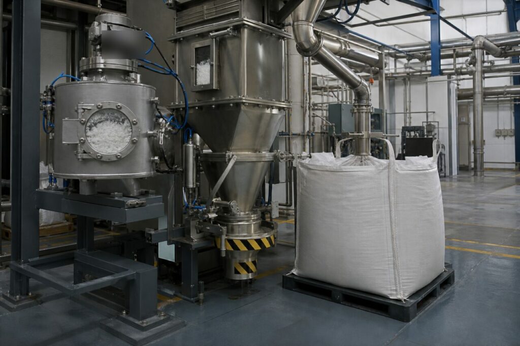 Transfert et conditionnement en vrac d’anhydride phtalique avec trémie et grand sac