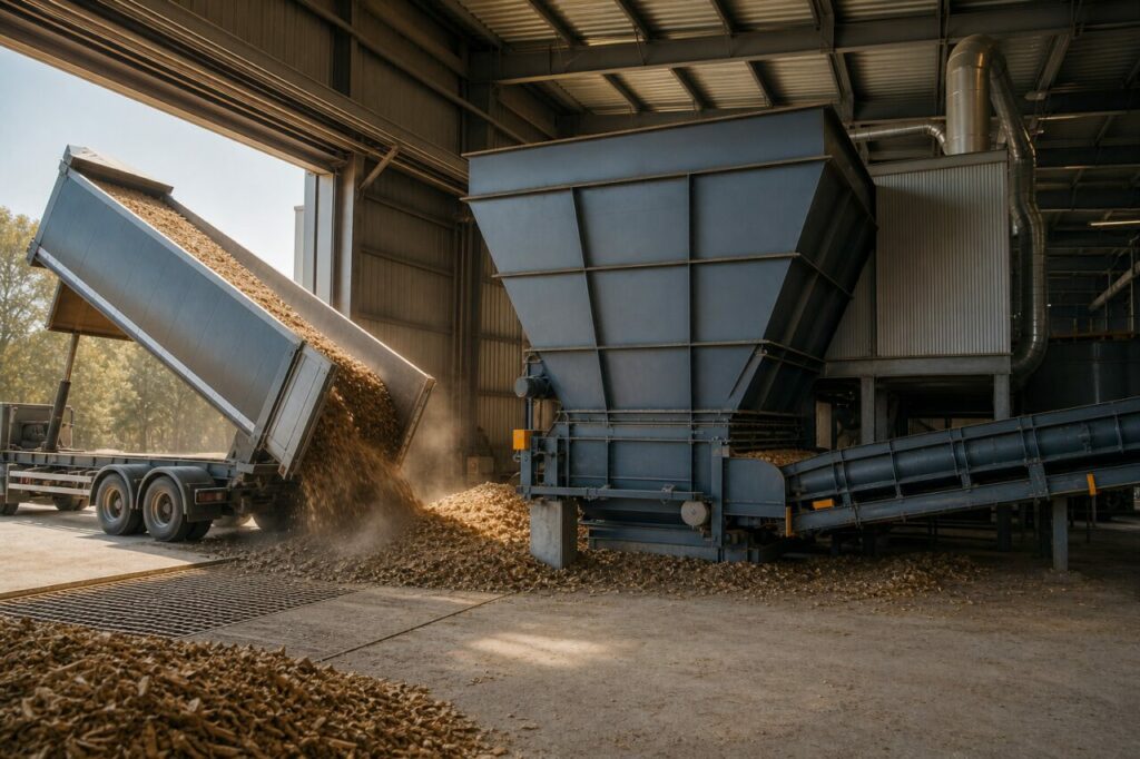 Trémie de biomasse retenant la charge sous le camion