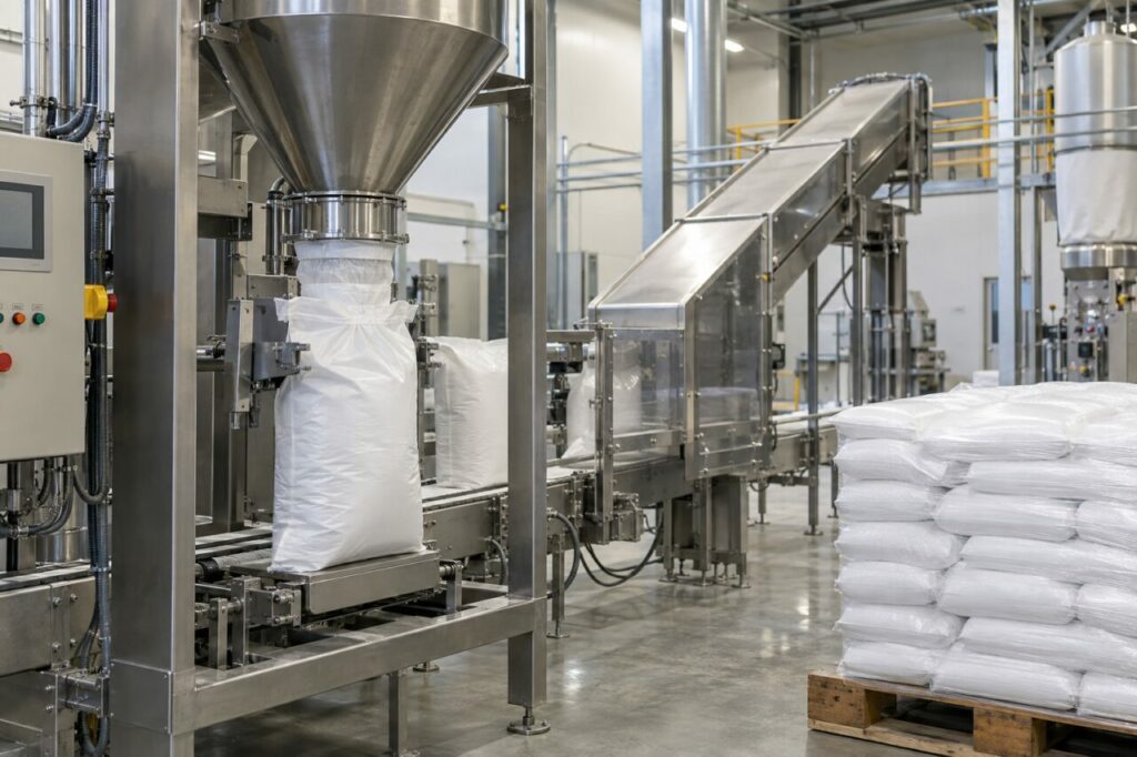 Trémie et convoyeur fermés avec sacs de carbonate de lithium palettisés