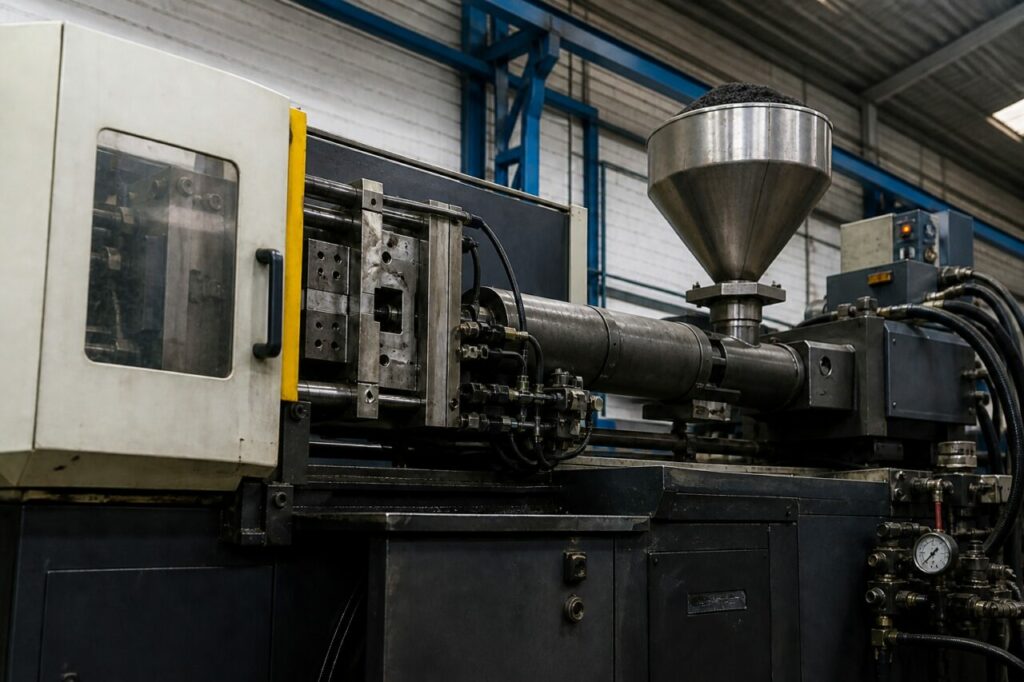 Stainless hopper and injection unit above the open mould