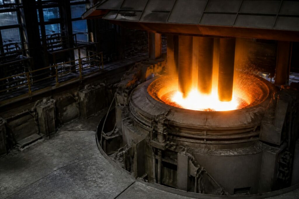 Tre elettrodi di grafite scendono nel bagno del forno elettrico ad arco