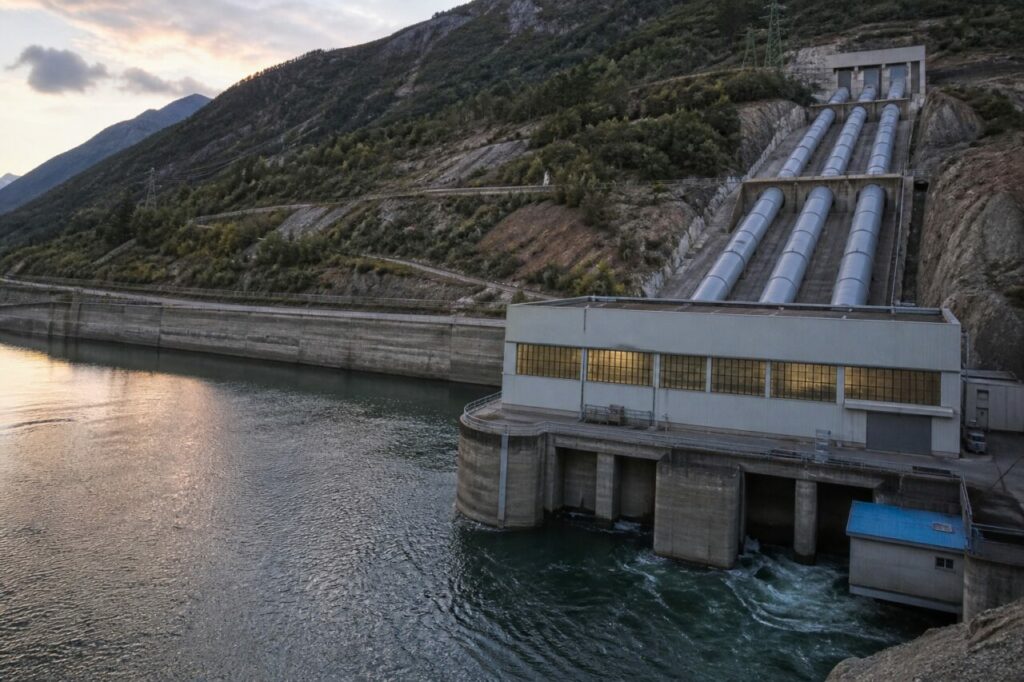 Trois lignes sous pression convergent vers la centrale hydroélectrique