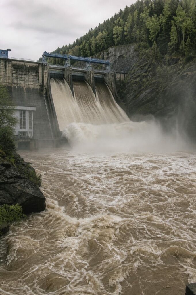 Trois nappes de déversement frappant le bassin de dissipation