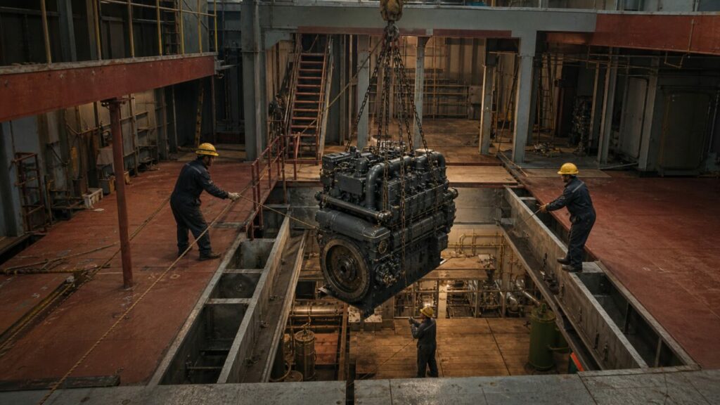 Drie werfarbeiders geleiden een scheepsmotor boven de machinekamer