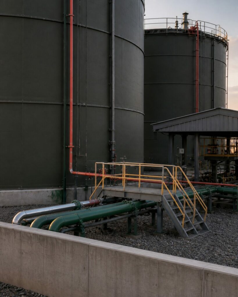 Transportleidingen koppelen de tanks aan de pompopstelling