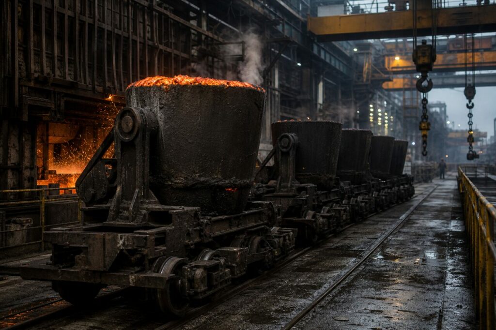 Werkbahntransport bringt den Schlackenkübel durch die Gießereihalle