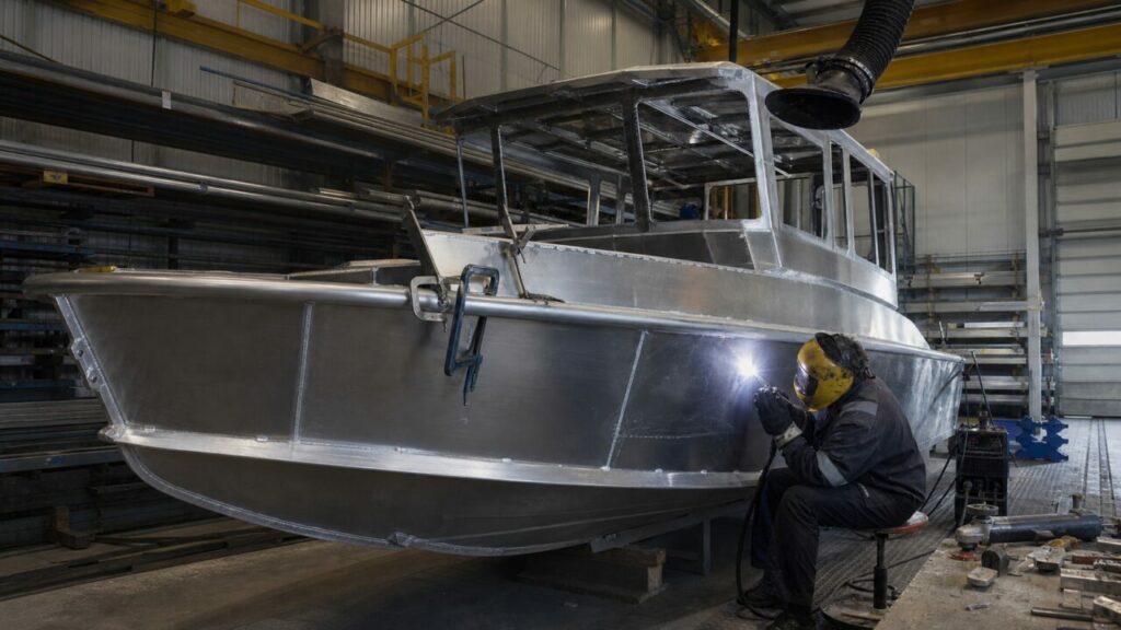 Un soldador une el forro de aluminio de una embarcación