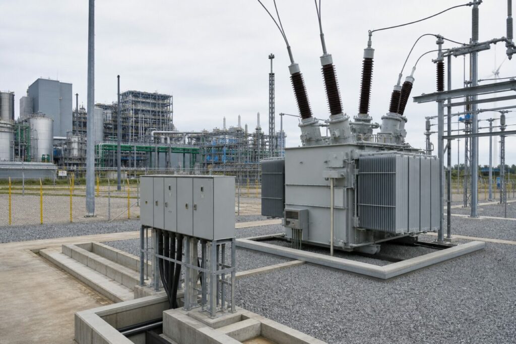 Un transformateur de puissance raccorde l’unité d’électrolyse à son poste électrique